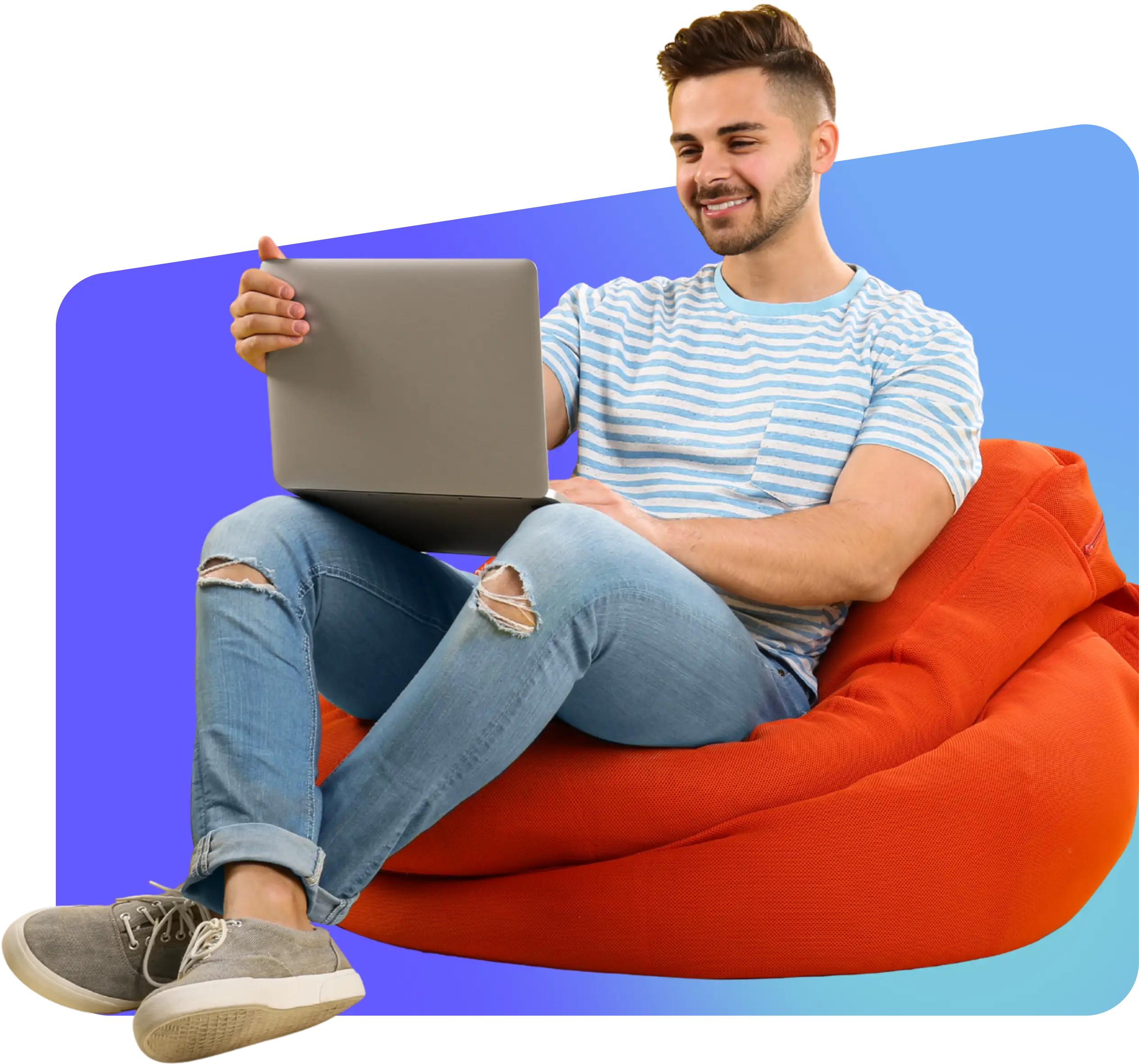 Man sitting on an orange bean bag, using a laptop and smiling, illustrating remote work and digital engagement for Cloud 7 Agency's SEO and advertising services.