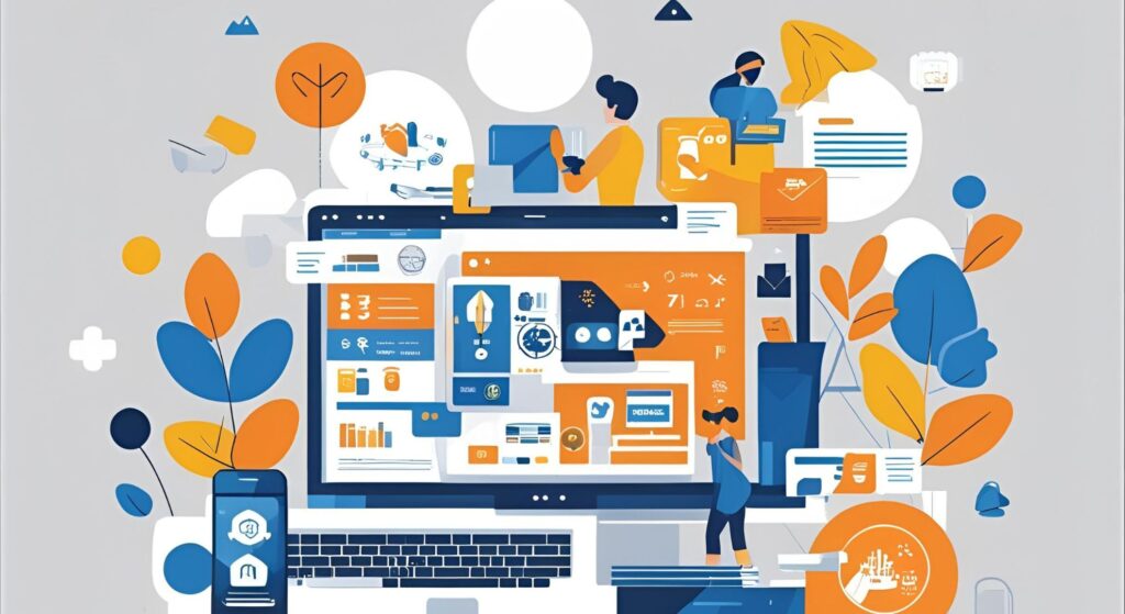 Illustration depicting a laptop surrounded by digital marketing elements, data analytics charts, and diverse characters engaging with technology, symbolizing AI-driven local SEO automation and optimization strategies.