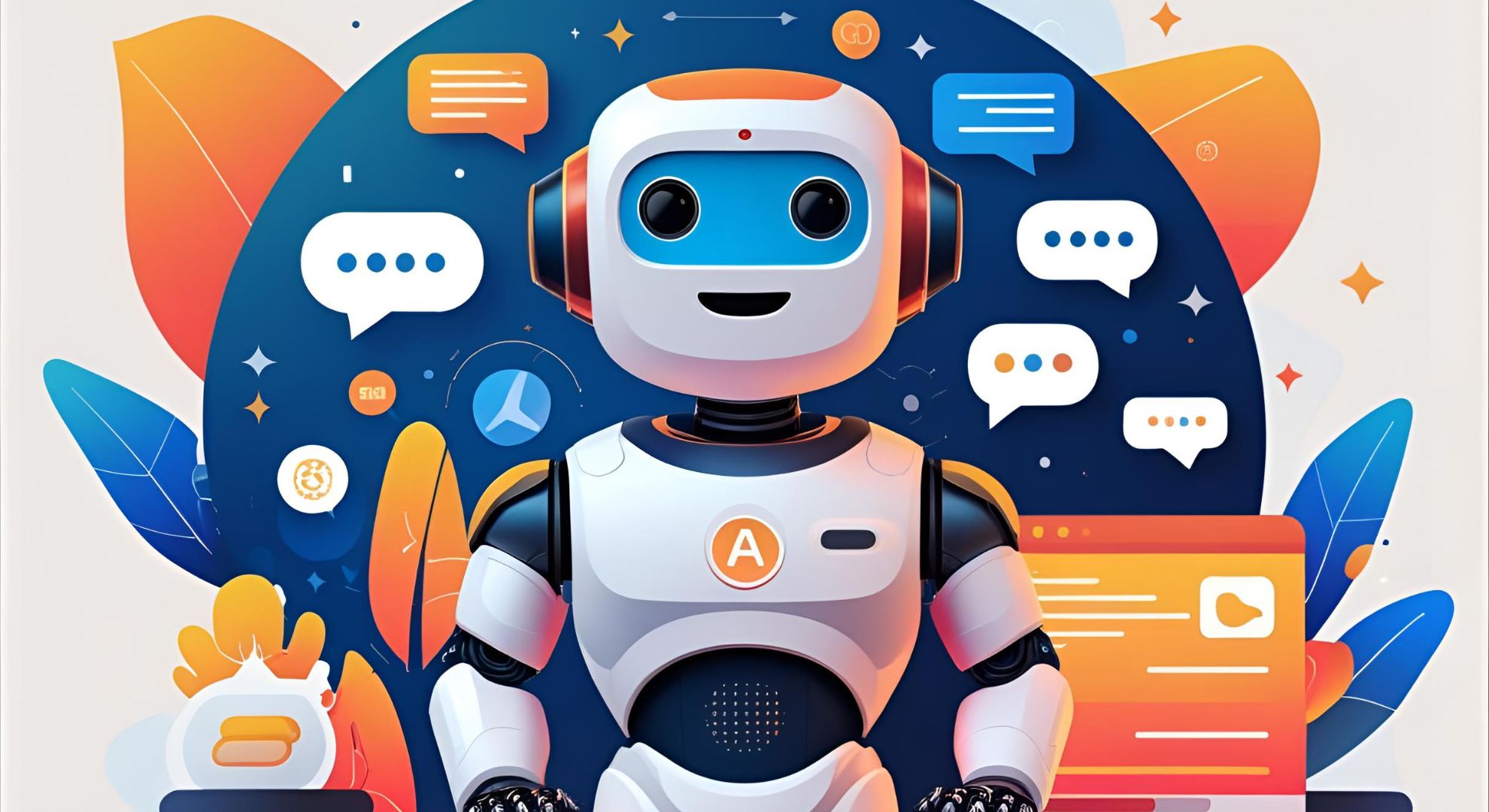 AI chatbot with friendly expression, surrounded by chat bubbles and digital icons, symbolizing customer interaction and local SEO optimization strategies.