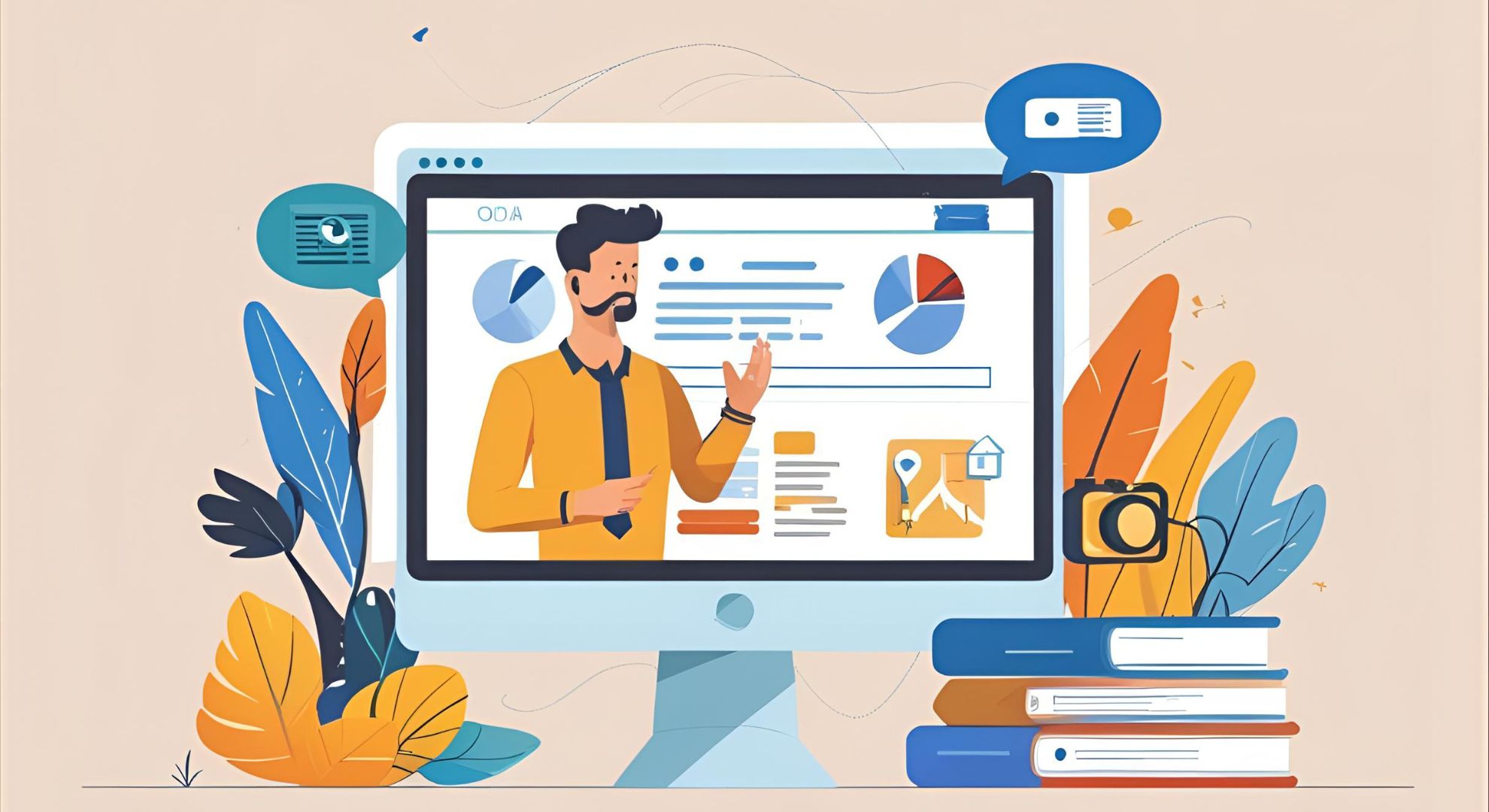 Illustration of a man presenting visual content analytics on a computer screen, surrounded by colorful foliage and a camera, symbolizing local SEO photography and community engagement strategies.