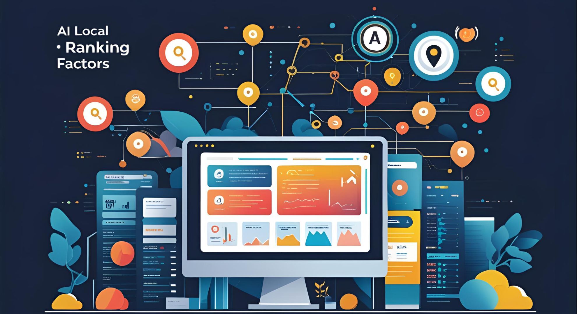 AI local ranking factors on a computer screen, featuring analytics graphs, search icons, and location markers, illustrating the impact of machine learning on local search optimization.