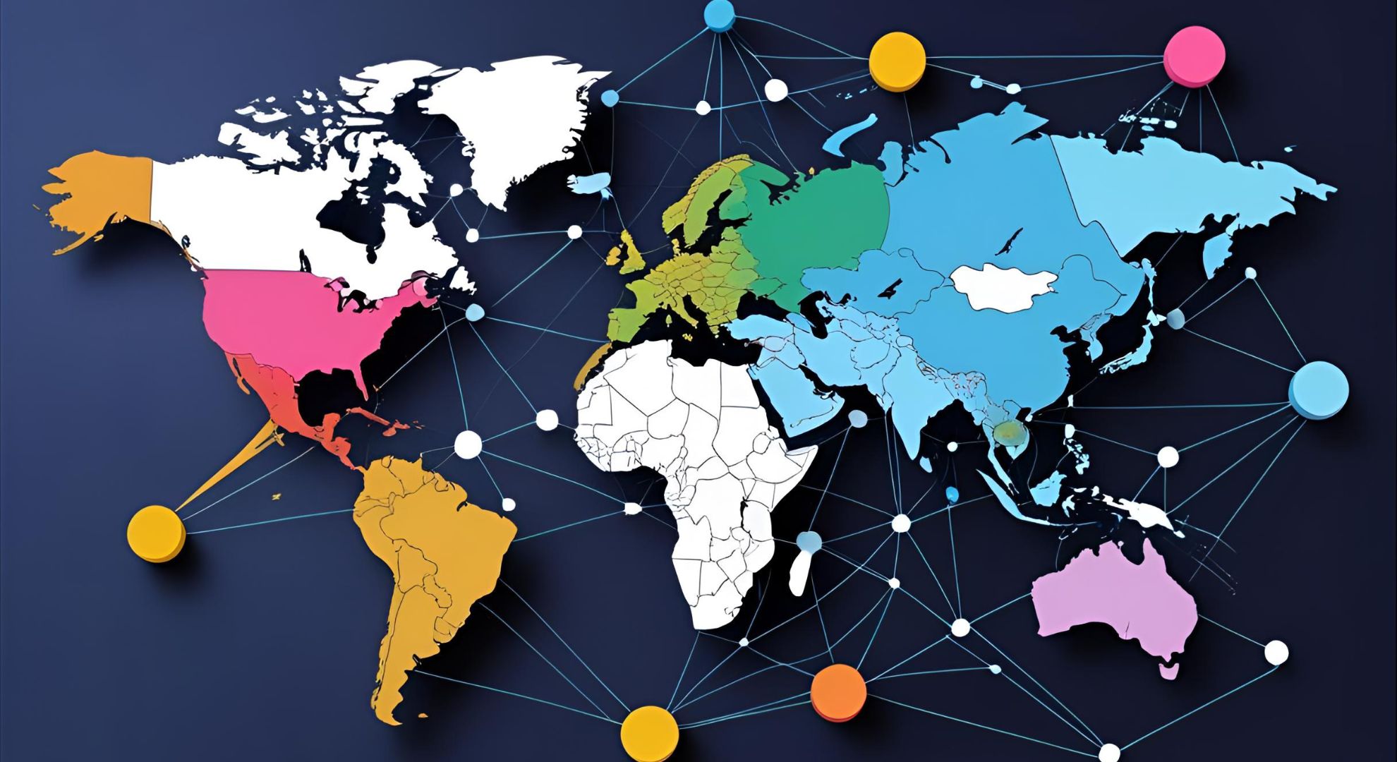 World map highlighting different regions with color-coded areas, representing international domain strategies for SEO, interconnected by lines symbolizing global connectivity and digital marketing.