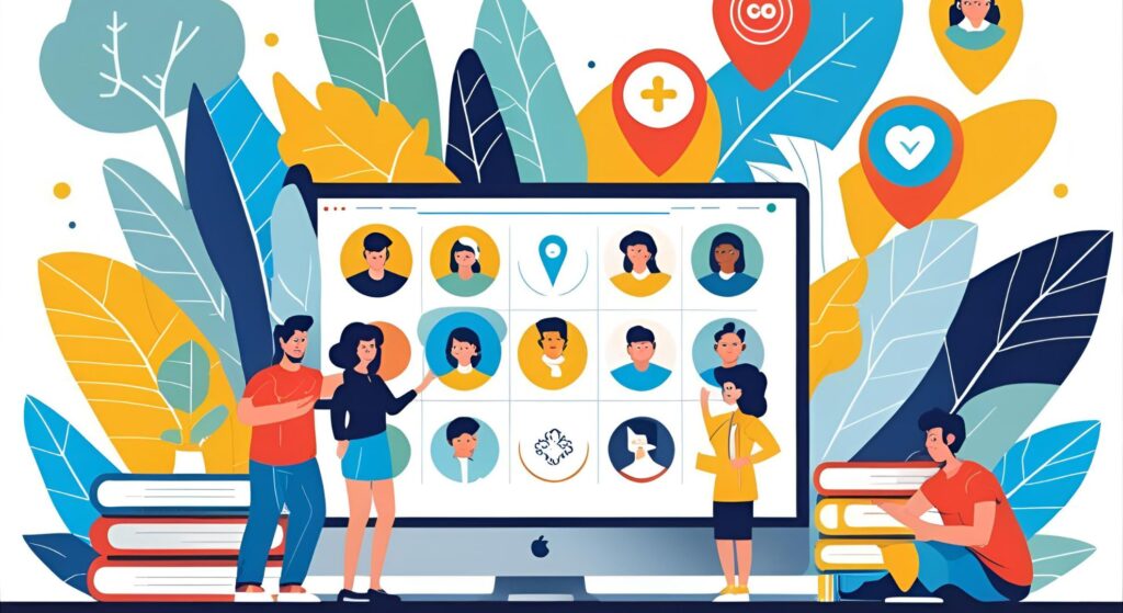 Illustration of diverse individuals interacting with a large screen displaying user profiles, surrounded by vibrant foliage and location markers, symbolizing local engagement and community connection in digital marketing strategies.