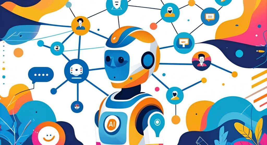 AI chatbot illustration with interconnected user icons, representing customer engagement and conversational functionality, emphasizing local search optimization strategies for businesses.
