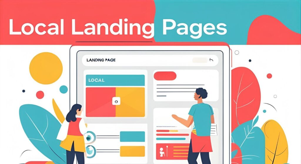 Local landing pages illustration featuring a tablet displaying a colorful layout, with two individuals interacting, emphasizing geo-targeted content and optimization strategies for enhanced conversions.