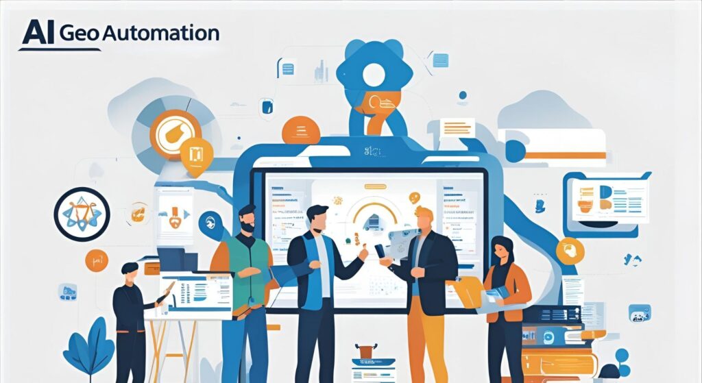 AI Geo Automation graphic depicting diverse professionals collaborating with digital interfaces, emphasizing machine learning applications in local SEO optimization and content automation.