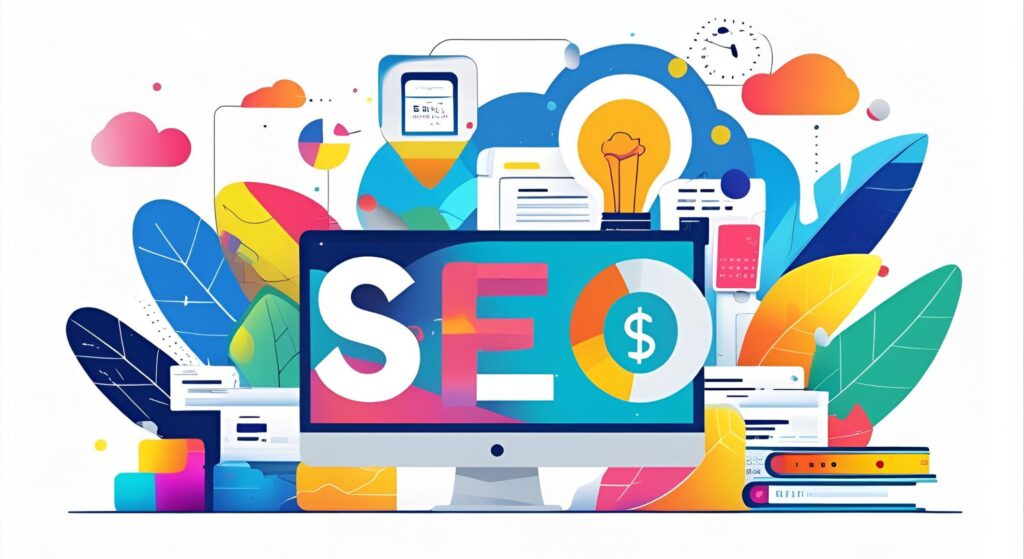 Colorful digital illustration of a computer screen displaying "SEO" with dollar signs, surrounded by vibrant leaves, charts, and icons symbolizing community engagement and visual content strategies for local businesses.