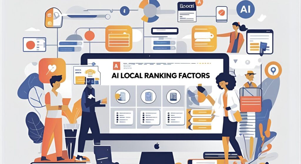Illustration of diverse professionals analyzing AI local ranking factors on a computer screen, with various digital elements symbolizing machine learning and local SEO optimization strategies.