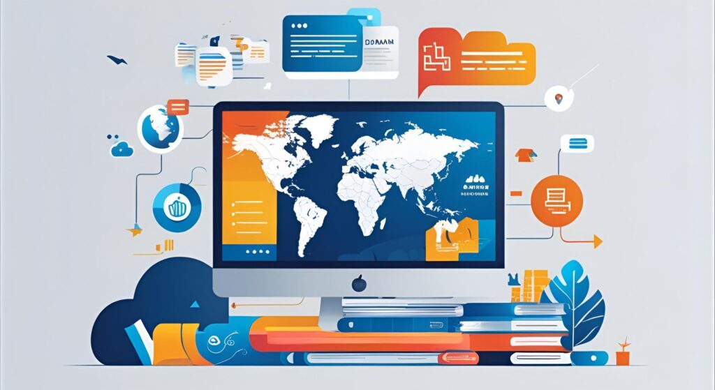 Illustration of a computer displaying a world map, surrounded by icons representing international website architecture, domain strategies, and SEO optimization elements for global marketing.