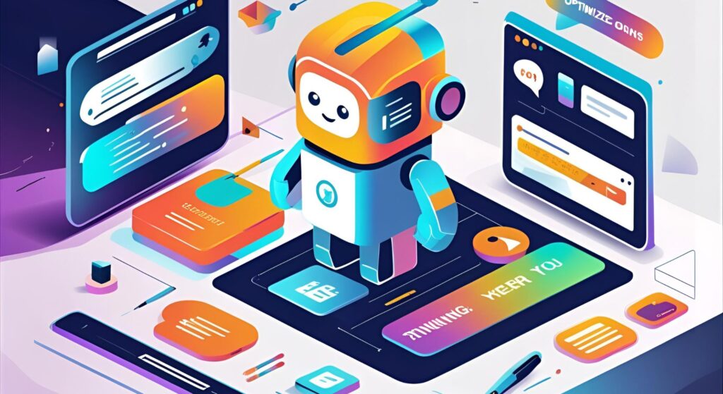 Colorful AI chatbot illustration with a friendly robot character, surrounded by digital interface elements like chat bubbles and text boxes, emphasizing chatbot optimization and customer engagement strategies.