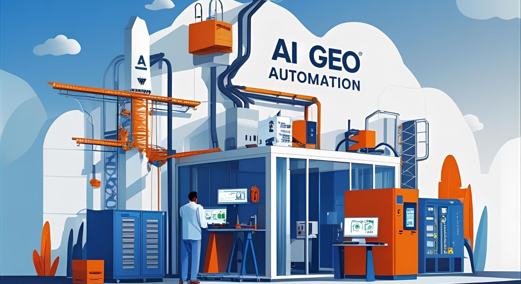 AI GEO automation facility showcasing machine learning technologies for local SEO optimization, featuring a person working at a computer with screens displaying data analytics and automation processes, surrounded by industrial equipment and vibrant blue and orange colors.