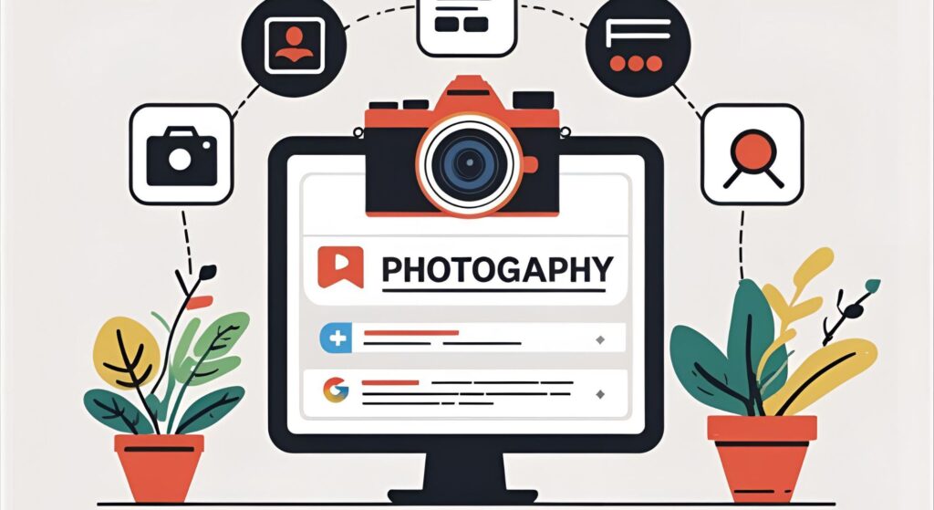Illustration of a computer screen displaying the word "PHOTOGRAPHY" with a camera graphic above, surrounded by icons representing social media, photo uploads, and analytics, alongside decorative plants in pots, emphasizing visual content strategies for local SEO and marketing.