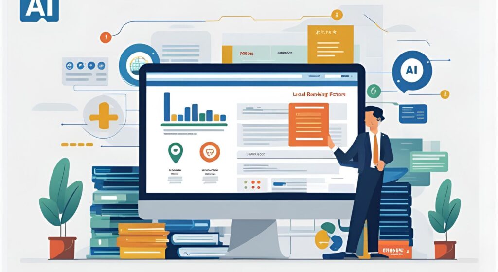 Illustration of a man in a suit interacting with a computer screen displaying local ranking factors, surrounded by icons representing AI, data analysis, and user engagement, emphasizing machine learning's role in local SEO optimization.