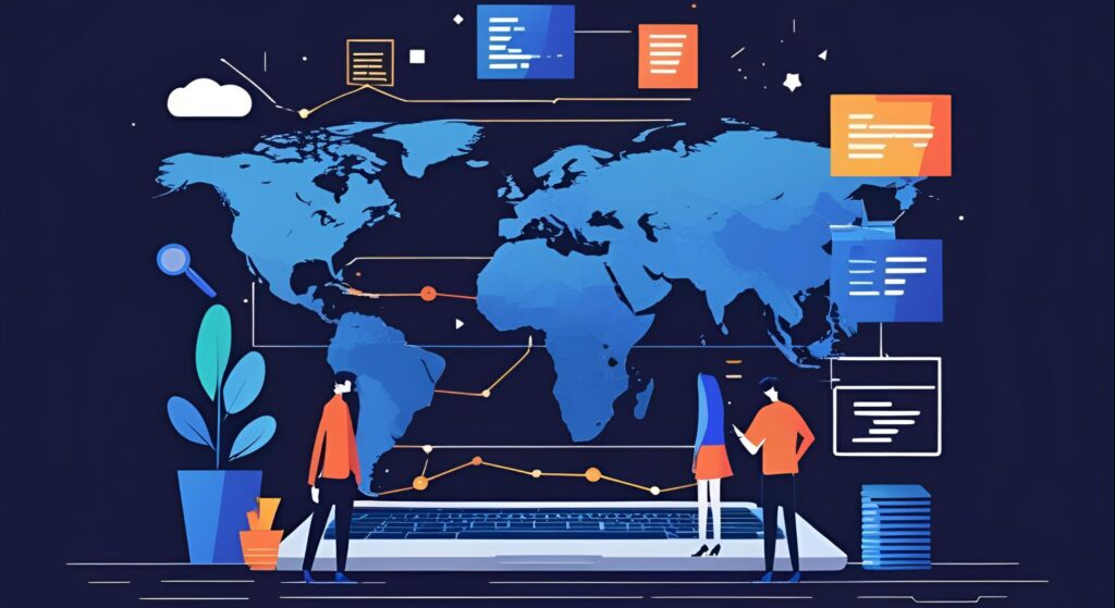 Illustration of a world map with digital data overlays, featuring two individuals discussing international SEO strategies near a laptop, symbolizing global content delivery network optimization and geographic targeting for web performance.