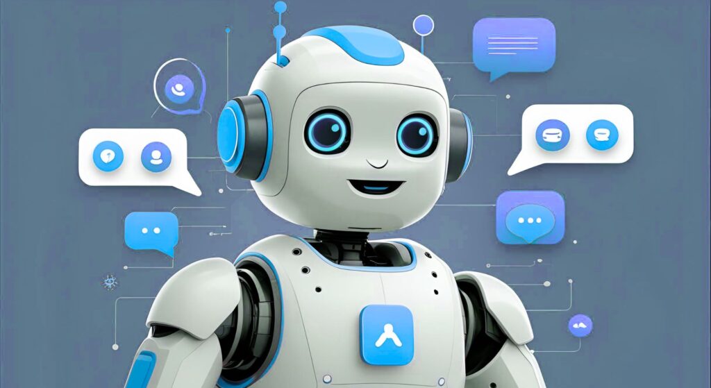 Robot chatbot with blue accents, surrounded by various chat bubbles and icons, symbolizing AI-driven customer service and engagement strategies for enhanced local search visibility.