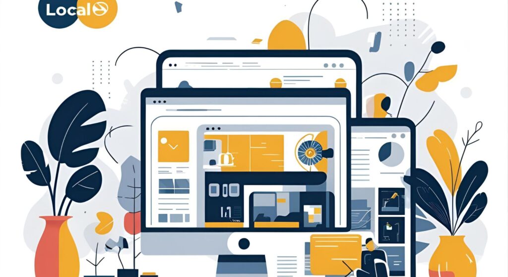 Illustration of multiple digital screens displaying visual content strategies, featuring local marketing elements and analytics, surrounded by decorative plants, emphasizing community engagement and customer recognition in local SEO photography.