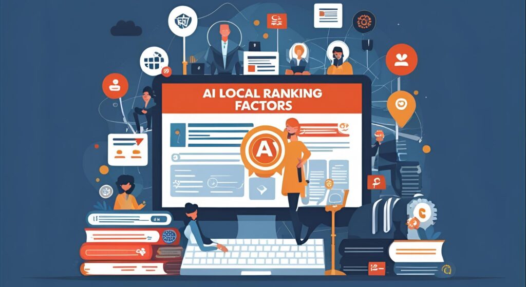 AI local ranking factors illustration with diverse professionals, digital elements, and visual analytics, emphasizing machine learning's role in local SEO optimization.