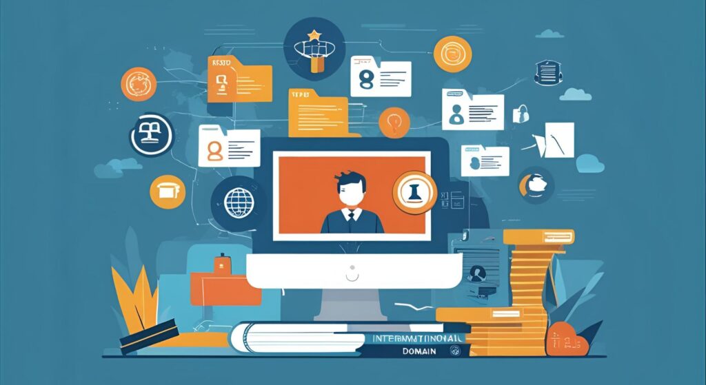 Illustration of a computer screen displaying a professional figure, surrounded by icons representing international domains, user profiles, and digital resources, emphasizing SEO strategies and architecture for global online presence.