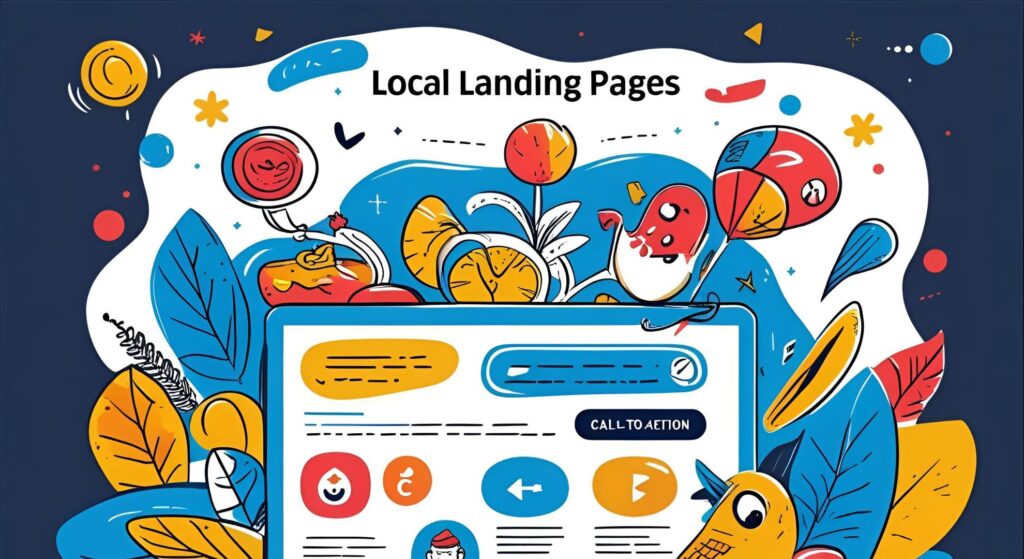 Colorful illustration of a computer screen displaying a local landing page with a "CALL TO ACTION" button, surrounded by vibrant flowers, leaves, and playful design elements, emphasizing local SEO and conversion strategies.