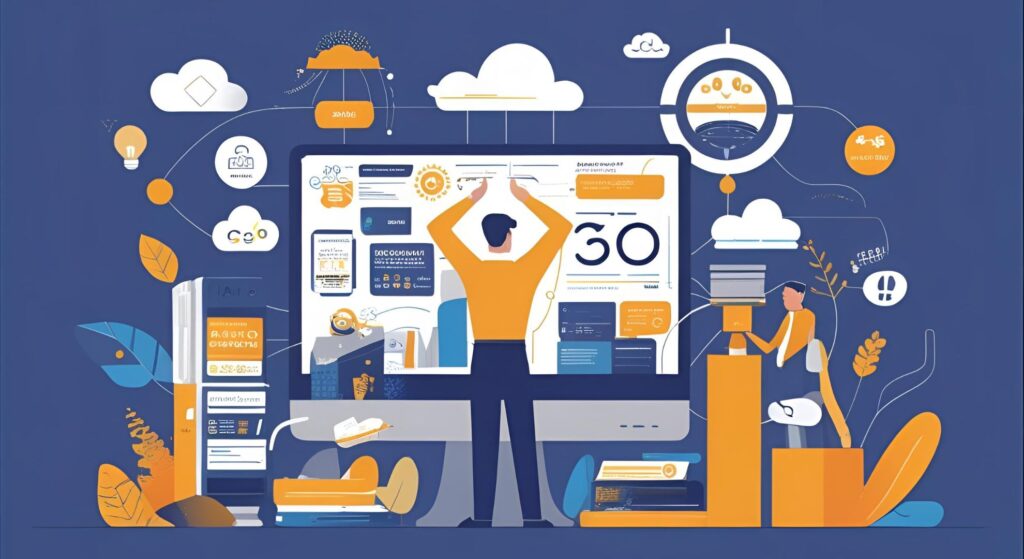 Illustration of a person interacting with a large screen displaying AI-powered analytics and optimization tools, surrounded by icons representing automation, data analysis, and local SEO strategies, emphasizing machine learning's role in enhancing business performance.
